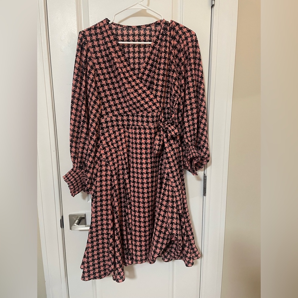 Pink and Black Fit and Flare Romantic Long Sleeve Dress by Queenia